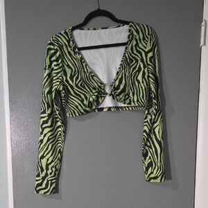 Neon Green Zebra Print Long Sleeve Crop Top